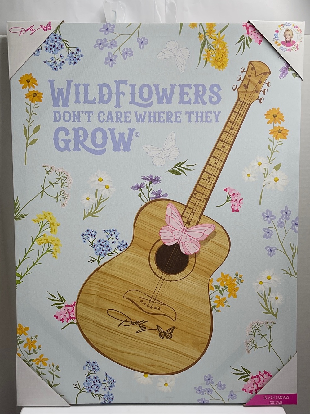 Dolly Parton Wildflowers Guitar Wall Art Canvas - Pastel Blue 18X24